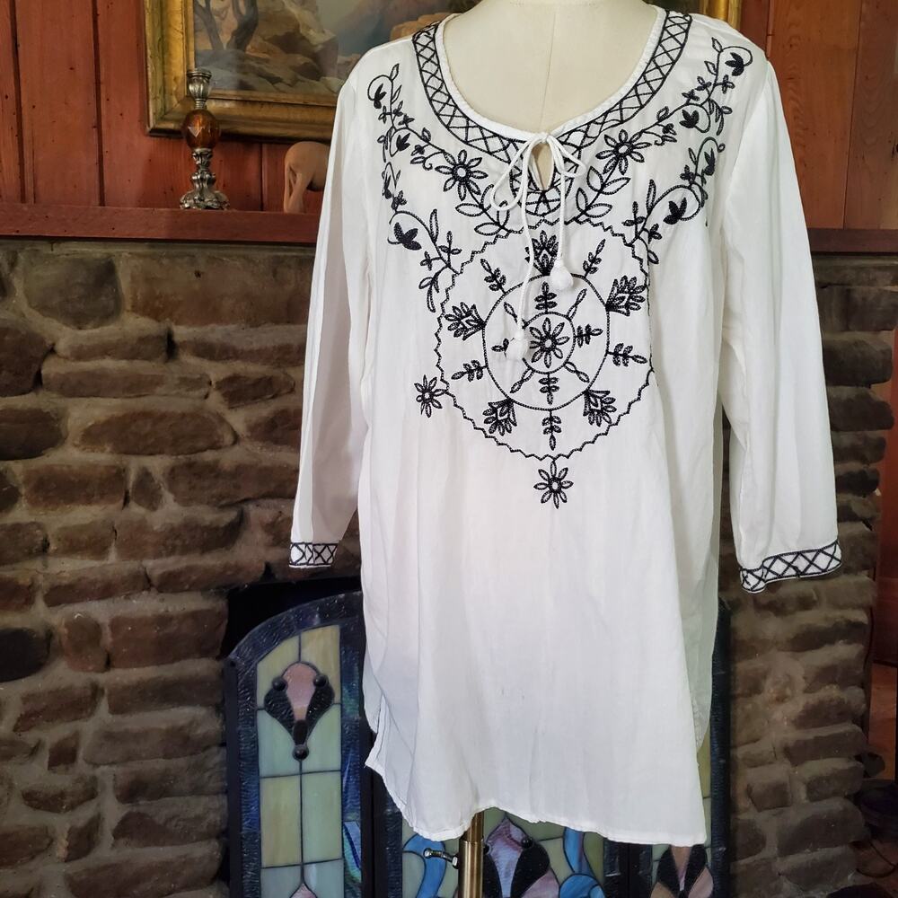 Studio Works White Black Embroidered Boho Tunic Peasant Top Plus Size 2X Cotton